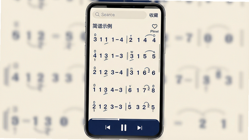 主体:手机屏幕展示简谱软件界面,显示一首完整的简谱乐谱,乐谱上标注数字和符号。布局:中央是乐谱滚动视图,顶部有搜索框和收藏按钮,底部有播放控制条。排版:乐谱行间距清晰,音符编号醒目。风格:现代极简,背景浅米色,音符和线条为深蓝色。细节:乐谱左上角显示歌曲名称“简谱示例”,右上角有“收藏”图标。画质:高清,干净,无多余元素。