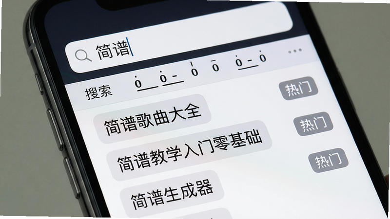 主体:手机屏幕显示简谱软件的搜索界面,搜索框内有文字“简谱”,下方弹出联想词列表。布局:顶部搜索栏,下方联想词垂直排列,每个词右侧有“热门”标签。排版:字体清晰,联想词带浅灰底纹。风格:类iOS风格,圆角输入框。细节:联想词包括“简谱歌曲大全”“简谱教学入门零基础”“简谱生成器”。画质:高清,无多余元素。
