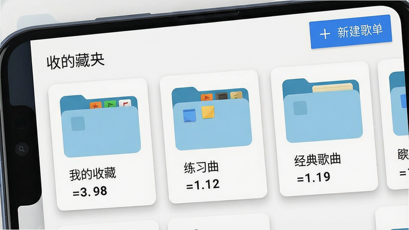 主体:手机屏幕显示简谱软件的收藏夹页面,多个歌单文件夹横向排列,如“我的收藏”“练习曲”“经典歌曲”。布局:文件夹图标加文字,下方显示每个文件夹内的曲目数量。排版:图标简洁,文字左对齐。风格:Material Design风格,卡片阴影。细节:右上角有“新建歌单”按钮。画质:干净,无多余元素。