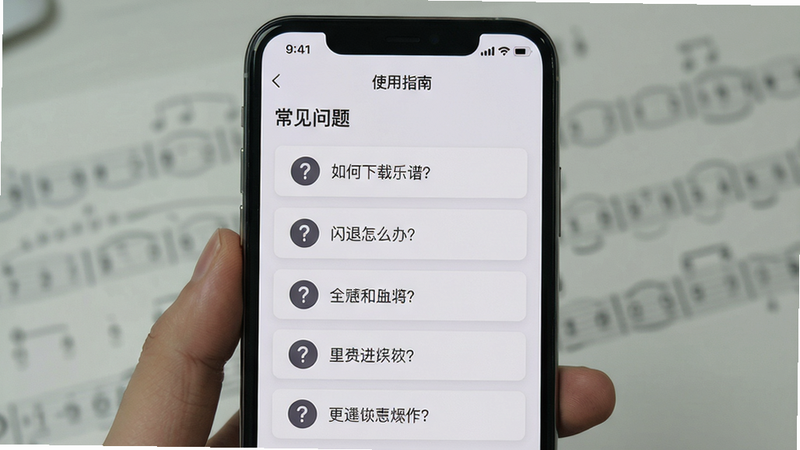 主体:手机屏幕显示简谱软件的“使用指南”页面,以列表形式列出常见问题解答。布局:顶部标题“常见问题”,下方多条问答项,每项左侧问号图标右侧文字。排版:竖排,行间距宽松。风格:卡片式,背景浅灰,文字深灰。细节:第一条为“如何下载乐谱?”,第二条为“闪退怎么办?”等。画质:干净,无多余元素。