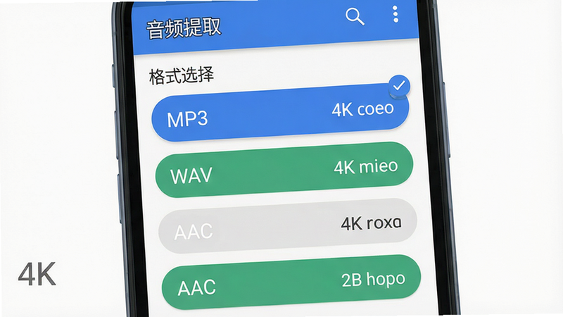 ���壺�ֻ�Ӧ�ý�����ʾ����ʽѡ���б����г�MP3��WAV��AAC��ѡ����֣��б���ֱ���У������С���Ƶ��ȡ�����⣻�Ű棺ѡ��ΪԲ�Ǿ��ΰ�ť��ѡ��״̬���������Material Design��ƽ���ϸ�ڣ�ÿ����ʽ�����ļ���С��ʾ�����ʣ�4K��Ⱦ���ɾ��޶���Ԫ�ء�