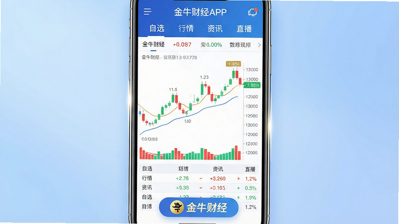主体:一部智能手机屏幕显示金牛财经APP首页界面,顶部导航栏有“自选”、“行情”、“资讯”、“直播”等标签,中央区域呈现红绿K线图与涨跌数据,底部悬浮“金牛财经”品牌logo。布局:手机居中竖屏,背景为柔和渐变蓝。排版:界面文字清晰,数据表格规整,图表线条流畅。风格:现代简约科技风,色彩以蓝色、白色、金色为主,整体干净明亮。细节:K线图上标注关键点位,数字字体为无衬线,界面边缘有高光反射。画质:4K超清,无多余元素。