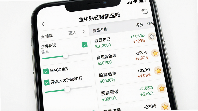 主体:手机屏幕展示金牛财经智能选股界面,左侧为条件筛选面板(勾选“MACD金叉”“净流入大于5000万”等选项),右侧为筛选结果列表,包含股票名称、涨跌幅、评分。布局:手机竖屏,背景为纯白底。风格:扁平化UI设计,配色清新。细节:筛选条件项有滑块和复选框,结果列表每行有星标收藏按钮。画质:高分辨率,无多余元素。