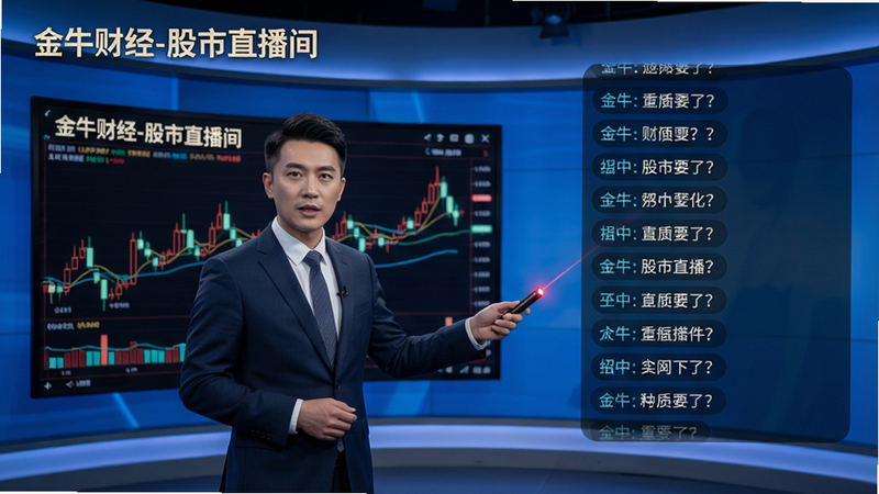 主体:一位西装革履的男分析师站在大屏幕前讲解K线,屏幕左上角显示“金牛财经-股市直播间”字样,右侧弹幕区滚动观众提问。布局:分析师居中偏左,背景为蓝色弧形演播厅。风格:专业演播室质感,灯光柔和。细节:分析师手持激光笔指向屏幕,弹幕字体清晰可辨。画质:电影级画质,无多余杂物。