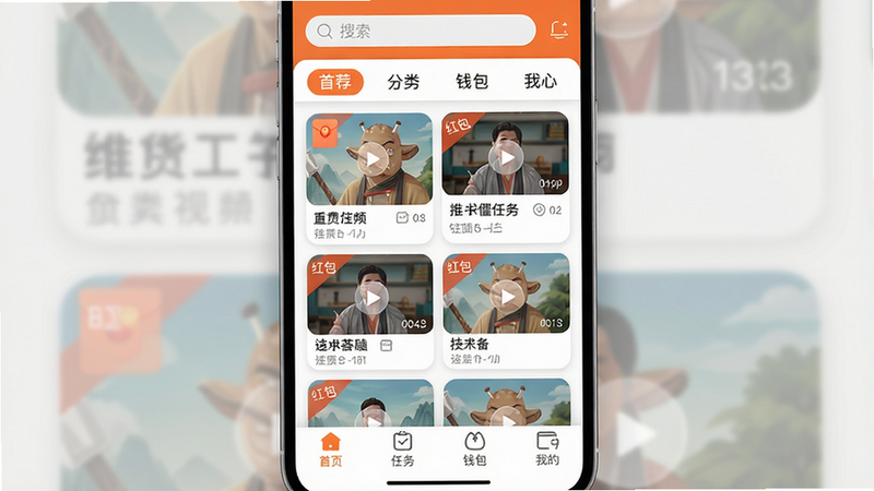主体:八戒看看APP主界面,展示首页推荐视频列表。布局:顶部搜索栏+分类标签,中部瀑布流视频卡片,底部导航栏含“首页、任务、钱包、我的”。排版:卡片式布局,圆角矩形,间距均匀。风格:清新扁平化,主色调为橙色与白色,图标简洁。细节:视频卡片左上角有“红包”角标,播放按钮为半透明圆形。画质:1080p高清渲染,光影自然,无多余元素。