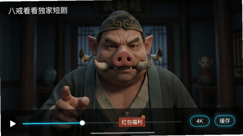 主体:八戒看看视频播放界面,播放着热门短剧。布局:全屏播放模式,底部有进度条、倍速按钮、缓存按钮。排版:视频画面占满屏幕,控制栏半透明浮层。风格:沉浸式深色背景,按钮发光效果。细节:画面中显示剧名“八戒看看独家短剧”,进度条上有“红包福利”跳转点。画质:4K超清渲染,画面干净无噪点。