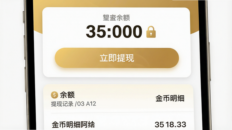 主体:八戒看看钱包页面,显示余额、提现记录、金币明细。布局:顶部余额数字,中间“立即提现”按钮,下方列表展示历史记录。排版:卡片式分层,金色与白色搭配。风格:金融类简洁风格,数字字体加粗。细节:余额旁有小锁图标,提现按钮有渐变背景。画质:干净清晰,无多余装饰。