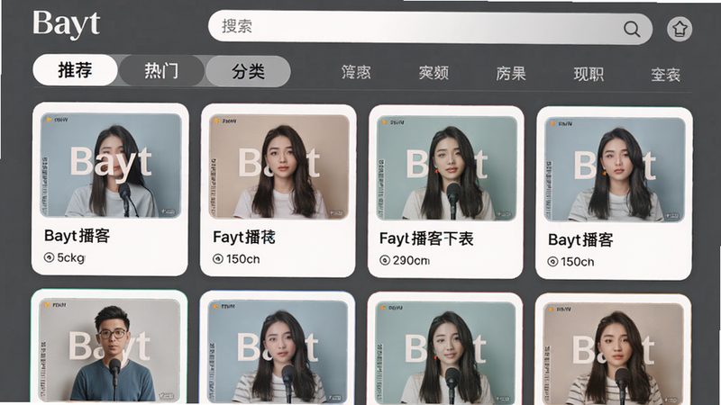 主体:Bayt播客节目列表页面;布局:列表视图,上方有分类标签栏(如“推荐”、“热门”、“分类”);排版:卡片式,每张卡片显示节目封面、标题、播放量;风格:杂志风格,柔和色彩;细节:搜索框在顶部,标签可滑动;画质:高清,无多余元素。