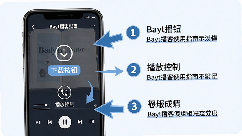 主体:Bayt播客使用指南示意图;布局:手机屏幕展示播放页面,旁边有文字标注步骤;排版:图文混排,步骤序号;风格:教育风格,清晰箭头;细节:标注“下载按钮”、“播放控制”等;画质:高清,干净。