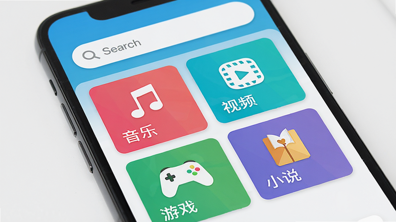 主体:一部智能手机屏幕显示Seeku应用的主界面,布局:上方是搜索栏,下方是四个功能卡槽(音乐、视频、游戏、小说),排版:卡片式排列,风格:扁平化、明亮色块,细节:卡片上带有