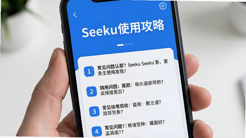 主体:手机屏幕上显示Seeku应用的使用教程界面,布局:屏幕上半部分显示“Seeku使用攻略”标题,下半部分列出常见问题,排版:列表样式,风格:蓝白配色,细节:每个问题前有编号,画质:高清,干净。