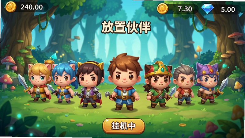 游戏《放置伙伴》主界面预览图,画面中央一群卡通风格的伙伴角色排列成队,背景是奇幻森林,界面简洁明亮,上方显示金币和钻石数量,下方有按钮“挂机中”,整体风格Q萌可爱,色彩鲜艳,画质清晰干净,无多余元素,文字标注“放置伙伴”标题。