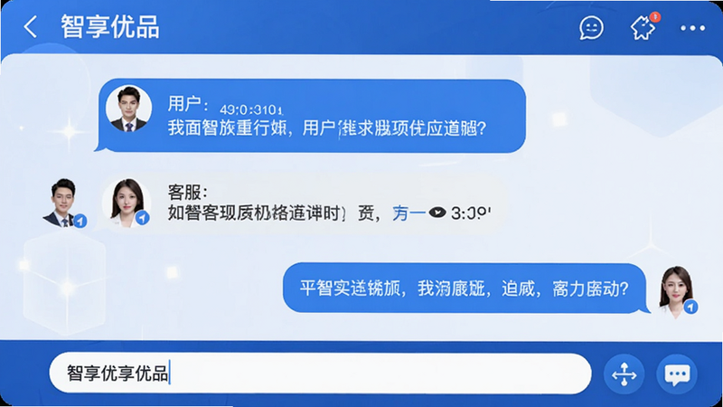 智享优品客服聊天界面,对话框显示用户提问和客服回复,底部有输入框,风格为蓝色主调,高清画面