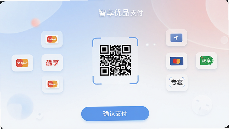 智享优品支付界面,展示多种支付图标,中间有扫码框,底部有“确认支付”按钮,风格简洁,色彩柔和,高清画质
