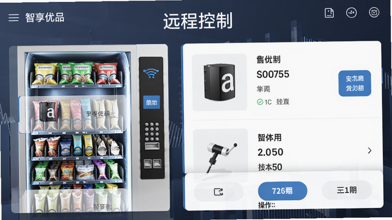 智享优品远程控制界面,左侧为售货机列表,右侧显示商品详情,背景为简约商务风,带有“远程控制”字样,清晰展示操作流程,高清画质