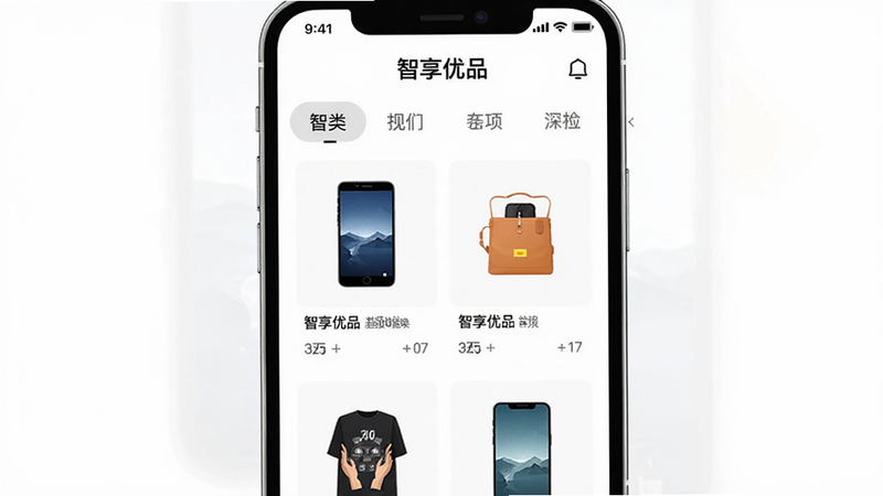 智享优品App主界面截图,中心摆放一部智能手机,屏幕显示商品列表,顶部有“智享优品”品牌名称,下方有分类导航,整体采用扁平化风格,白色底色,商品图片清晰,布局整齐,高清画质,干净无多余元素