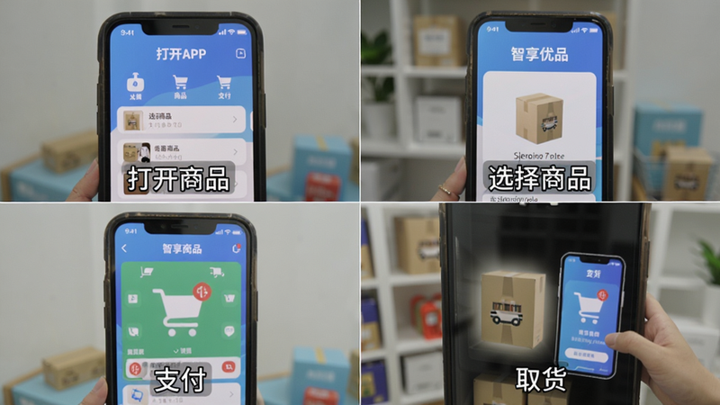 智享优品使用教程截图,步骤演示:打开App -> 选择商品 -> 支付 -> 取货,四张图拼接,每张图有文字说明,风格教育化,高清画质