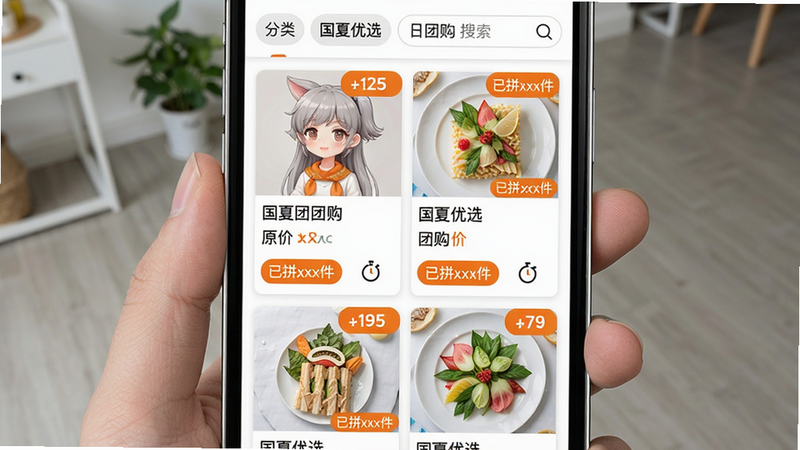 国夏优选团购商品列表页截图,主体为手机屏幕展示多个团购商品卡片,每个卡片包含商品图片、名称、原价和团购价、已拼件数。布局为两列网格,顶部有分类标签和搜索框。风格为清爽简约,橙色价格标签突出。细节包括“已拼xxx件”字样、倒计时图标。画质高清,干净无多余元素,文字显示