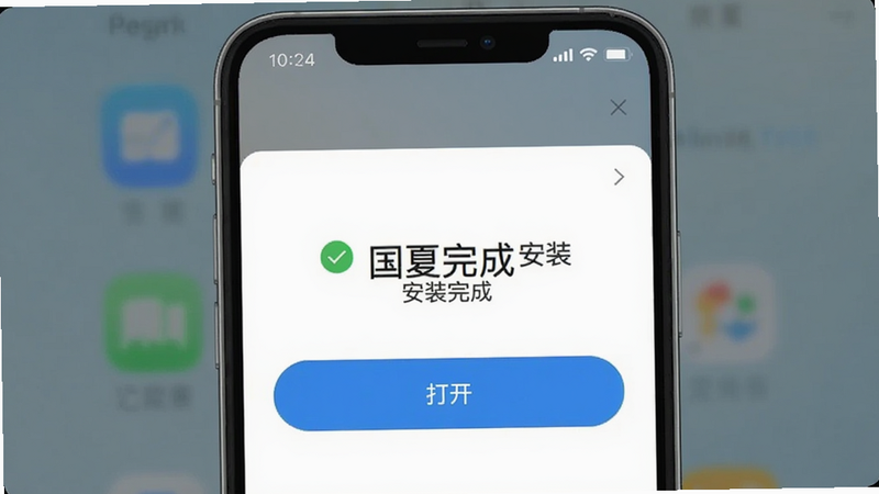 国夏优选安装成功界面截图,主体为手机屏幕显示“安装完成”提示,布局中央有“打开”按钮,背景为系统默认。风格简洁,干净无多余元素,文字显示