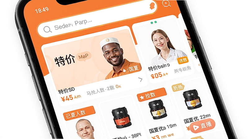 国夏优选APP首页预览图,主体展示手机屏幕内国夏优选主界面,布局采用顶部搜索栏、中部轮播图展示特价商品、下方网格商品列表。风格为扁平化设计,橙色与白色配色,细节包括商品价格标签、已抢人数、直播入口图标。画质高清,干净无多余元素,文字显示