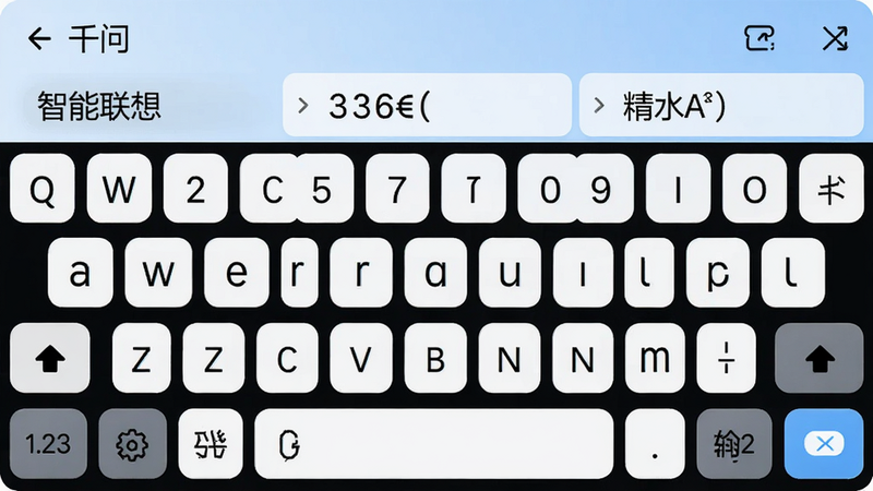 千问输入法软件主界面预览图,显示虚拟键盘布局与候选词栏,整体风格清新简洁,背景为浅蓝色渐变,键盘按键圆润,候选词区域有“智能联想”字样,布局居中,分辨率高,画质干净,无多余元素