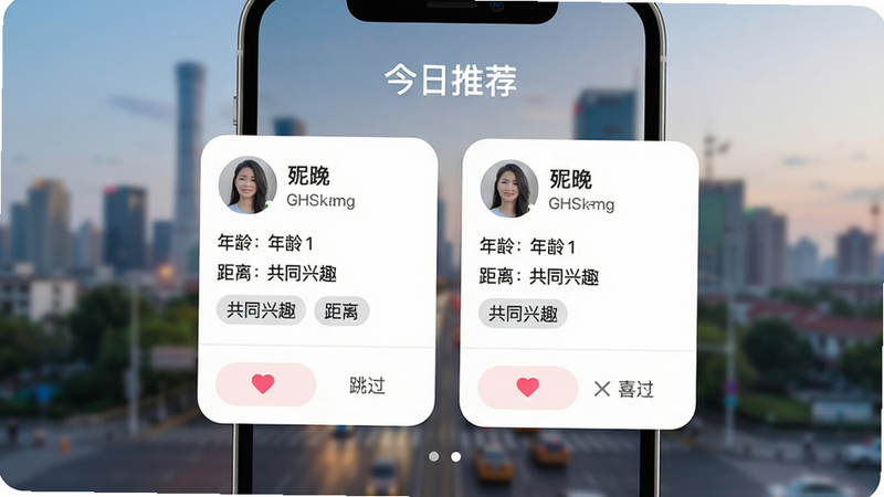 主体:手机屏幕上显示奔现的匹配界面,左右两张用户卡片,上方有“今日推荐”字样。布局:卡片居中排列,背景模糊处理显示城市风景。排版:卡片信息包括头像、昵称、年龄、距离、共同兴趣标签。风格:干净清爽的卡片式设计,符合社交软件审美。细节:卡片边缘圆角,底部有“喜欢”和“跳过”按钮,按钮上有爱心和叉号图标。画质:高分辨率,界面UI元素清晰无锯齿,整体画面干净。