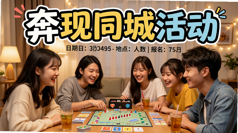 主体:一张展示奔现同城活动的海报风格图片,画面中央是几个年轻人围坐在桌旁玩桌游,背景有“奔现同城活动”字样。布局:横向构图,人物位于画面中下方,文字标题在上方。排版:活动名称用大号艺术字,下方有日期、地点和报名人数。风格:活泼明快,像一张真实的线下活动宣传照。细节:每个人物都面带微笑,桌上摆放桌游卡片和饮料,环境温馨。画质:高清摄影质感,光线充足,无多余杂物。
