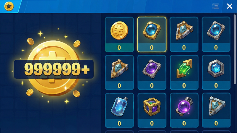 主体:游戏内商店界面无限金币购买 布局:左侧金币图标显示999999+,右侧陈列稀有道具 排版:道具栏清晰排列,价格均为0 风格:UI简洁明亮,高亮金币数值 细节:金币闪烁特效 画质:高清 干净 无多余元素 文字:“无限金币”