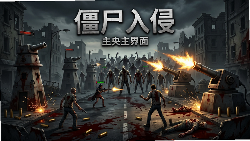 主体:游戏主界面展示丧尸围城场景 布局:中央是破败街道,左右两侧分布防御塔和英雄角色 排版:远处尸潮如海,近处炮塔开火 风格:暗黑写实,末日废土风 细节:地面血迹、弹壳火花、僵尸断肢 画质:4K高清,光影逼真,干净无多余元素 文字:“僵尸入侵”游戏主界面