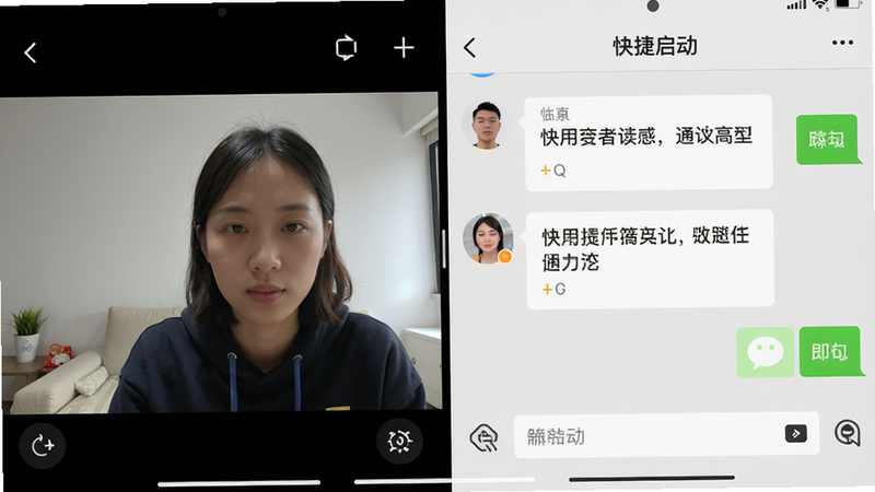 主体为手机分屏界面,左侧视频右侧微信,布局左右分割,风格真实,细节有Gesture小横条在底部,画质干净,屏幕内文字为“快捷启动”