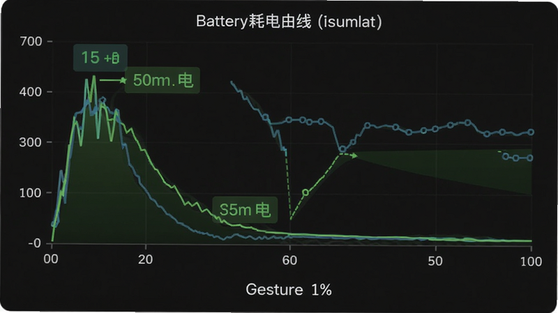 主体为电池耗电曲线图,下方显示“Gesture”耗电占比1%,布局图表居中,风格数据可视化,细节绿色低耗电标注,画质清晰干净