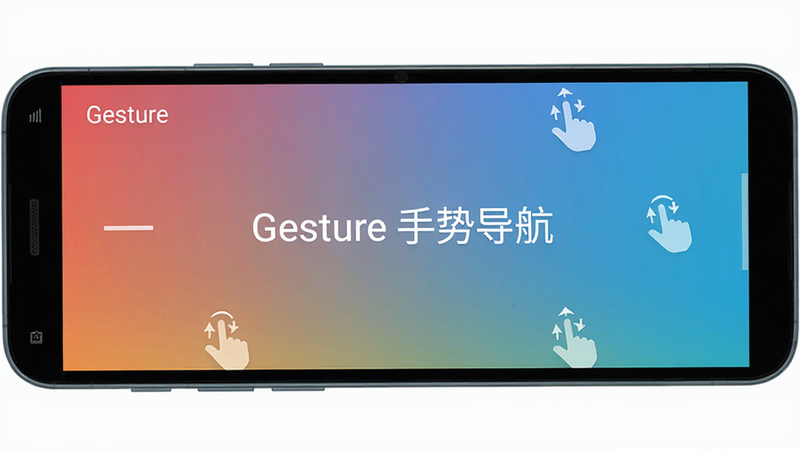 主体为一部安卓手机屏幕,中间显示“Gesture”软件界面,背景为渐变色,布局居中,排版简洁,风格扁平化,细节包括小横条、手势箭头图标,画质高清干净无多余元素,屏幕内文字为“Gesture 手势导航”