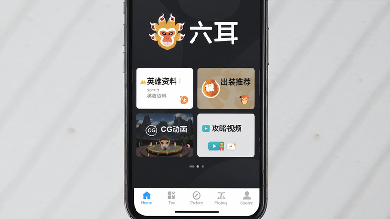 主体是一台手机屏幕显示六耳软件主界面,布局上方为软件名称“六耳”及logo(一只金色六耳猕猴头像),中部为功能模块卡片排列(英雄资料、出装推荐、CG动画、攻略视频),底部导航栏。风格为扁平化UI设计,细节清晰,画质干净无多余元素