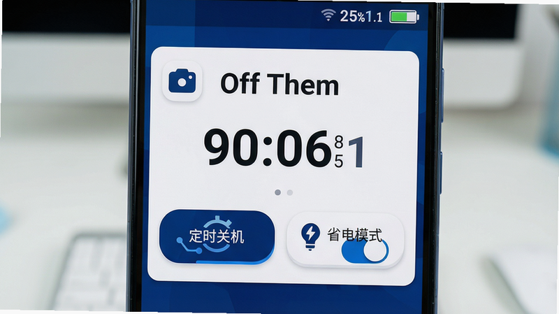 ���壺һ������Off Them1.1�汾�İ�׿�ֻ���Ļ��������ʾ��ʱ�ػ�����ʱ�빦�ܿ��أ����֣��ֻ����У���Ļ���������ɼ�������Ϊ�������棻�Ű棺�ֻ���Ļ��UI���ÿ�Ƭʽ���֣����⡰Off Them���Ӵ���ʾ���·��С���ʱ�ػ�����ʡ��ģʽ��������ť����񣺱�ƽ����ƣ���ɫ��Ϊ�������ɫ���Ƽ��У�ϸ�ڣ�ͼ��Բ�󣬵���ʱ������Ŀ�������ٷֱ���ʾ�����ʣ����壬ɫ�ʱ��ͣ��޶���Ԫ�ء�