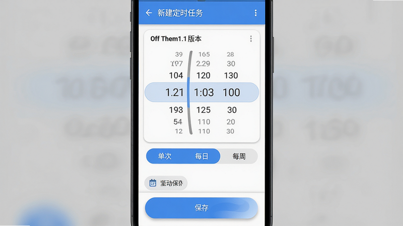 ���壺Off Them1.1�汾�Ķ�ʱ�������ý��棬��Ļ������ʱ�����ѡ�������·��С����Ρ���ÿ�ա���ÿ�ܡ���ǩҳ�����֣��ֻ����������涥��Ϊ���½���ʱ���񡱱��⣬�ײ�Ϊ�����桱��ť���Ű棺�����б�ʽ��ÿ��һ��ѡ����Material Design��������ɫ��Բ�ǿ�Ƭ��ϸ�ڣ�ʱ��������������ǩҳ������ʾ��ǰѡ������水ť�н���Ч�������ʣ�����������㡣