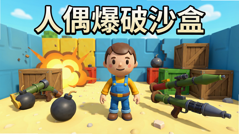 一张展示《人偶爆破沙盒》游戏主界面的截图,画面中央站着一个卡通风格的人偶角色,周围散落着各种爆炸物和武器,如炸弹、火箭筒等。背景是一个色彩明亮的沙盒场景,有墙壁、箱子等可破坏物体。整体风格清新明亮,卡通渲染,细节丰富,画质高清,干净无多余元素。图片上显示游戏名称“人偶爆破沙盒”字样。