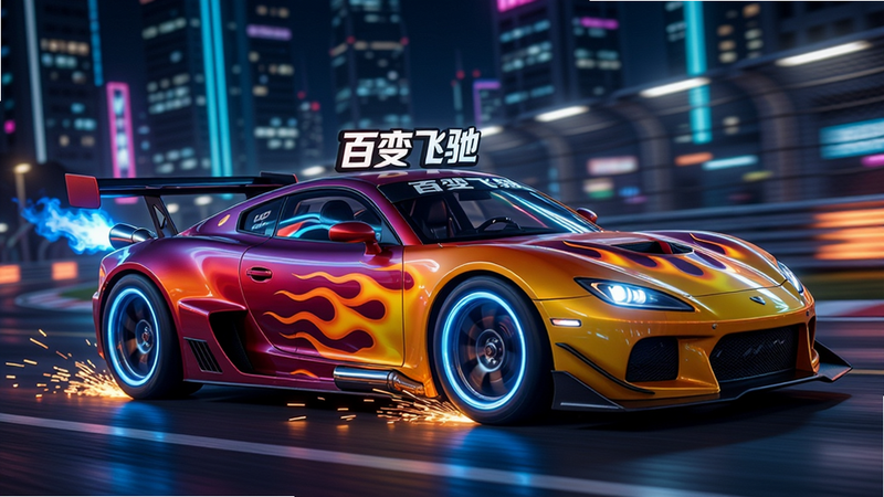 主体:一辆经过重度改装的炫酷赛车在霓虹都市赛道上飞驰,车身涂装为渐变火焰纹,轮毂散发蓝色光晕。布局:赛车占据画面中心偏左,背景是虚化的高楼大厦与动态模糊的赛道灯光。排版:车头朝右,展现侧面流线型,车顶有发光的“百变飞驰”logo文字。风格:写实与卡通结合,赛博朋克风霓虹色调,高对比度。细节:轮胎与地面摩擦产生火星,排气管喷出蓝色火焰,车身反射周围灯光。画质:8K超清,光线追踪,干净无噪点,无多余元素。