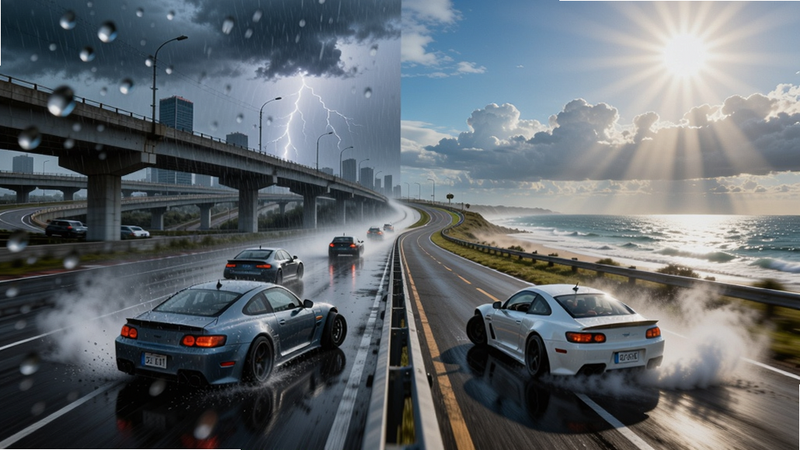 主体:动态天气下的赛道场景,画面一半是暴雨中的城市立交桥,另一半是晴天下的海滨公路,形成对比。布局:左右分割构图,左侧雨滴溅落在镜头,右侧阳光透过云层。排版:赛道延伸至远方消失点,车辆在雨中漂移过弯。风格:超写实画风,电影级光照。细节:雨水击打车身形成水花,轮胎带起水雾,远处有闪电。画质:8K,无模糊,纯净。