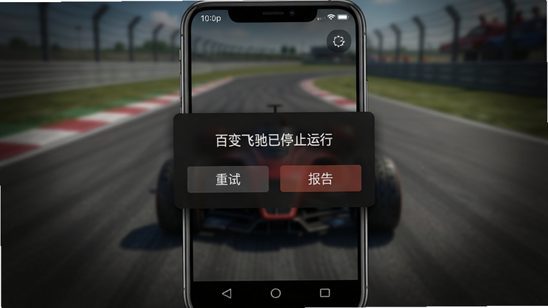 主体:手机屏幕上显示游戏崩溃弹窗,弹窗文字为“百变飞驰已停止运行”,背景是模糊的赛道暂停画面。布局:弹窗居中,有“重试”和“报告”两个按钮。排版:弹窗阴影深,四周暗化。风格:写实手机截图风格。细节:状态栏显示时间,导航键虚拟。画质:1080p,干净无多余元素。