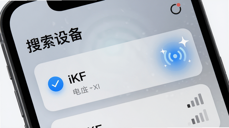 主体为手机App的蓝牙搜索界面,顶部显示“搜索设备”字样,列表内有iKF耳机型号已被勾选,旁边有一颗闪动的连接图标。布局采用卡片式设计,背景磨砂质感,风格现代清爽,细节包含电量指示条和信号强度格,画质锐利,无多余元素。