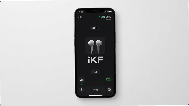主体为一部智能手机屏幕中央显示iKF App主界面,深色背景上清晰呈现耳机图标与“iKF”品牌字样,周围分布信号强度、电量百分比和连接状态指示。布局左右对称,风格极简科技,细节包含耳机型号标签和设置齿轮图标,画质高清干净,无多余元素。