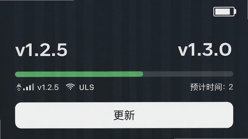 主体为App的固件升级界面,显示当前版本号v1.2.5和目标版本v1.3.0,进度条正在推进,下方有“更新”按钮。右上角显示电池电量图标,布局信息层级分明,风格系统级更新界面,细节包含网络状态提示和预计时间,画质干净,无多余元素。