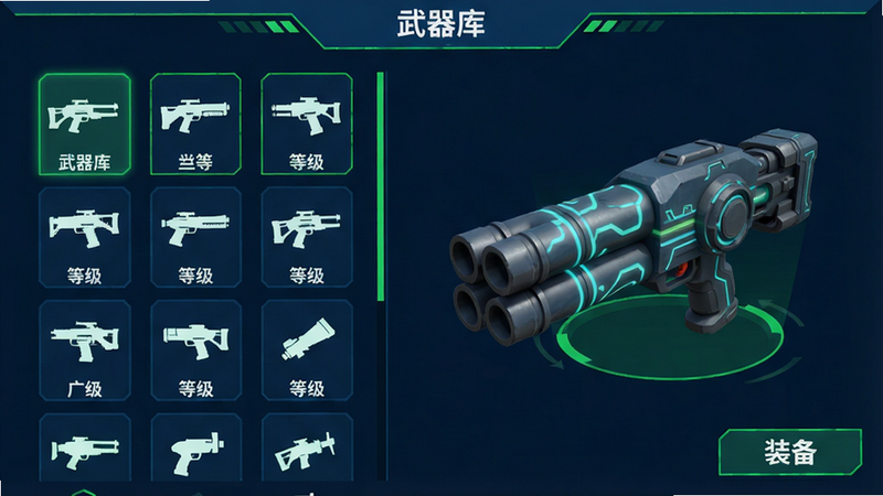 主体:武器选择界面,左侧列出武器图标列表,右侧显示当前选中武器的3D模型(一座双管等离子炮),模型上有发光纹路。布局:左右分栏,顶部有标题栏“武器库”,右下角有“装备”按钮。风格:科幻扁平UI,深蓝色背景,搭配亮绿色高亮线条。细节:武器图标下方显示名称和等级,模型旋转展示。画质:高清干净,无多余装饰。