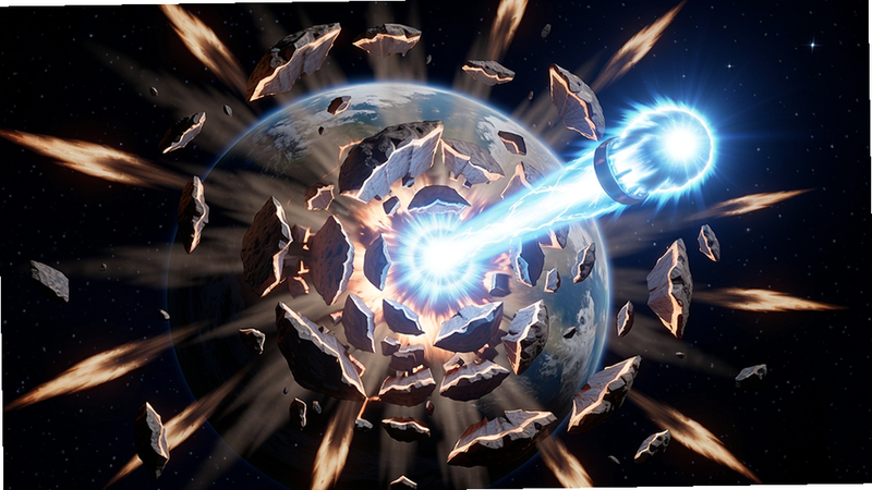 主体:游戏内战斗瞬间,一发蓝色能量炮弹击中行星表面,行星从中心碎裂成数十块不规则碎片向四周飞溅,碎片边缘带火焰拖尾。布局:爆炸中心位于画面中央,碎片呈放射状,背景有零散星光。风格:动态写实,粒子特效丰富。细节:碎片表面有岩石纹理和发光边缘,爆炸中心有强光晕。画质:高清无噪点,干净无多余元素。