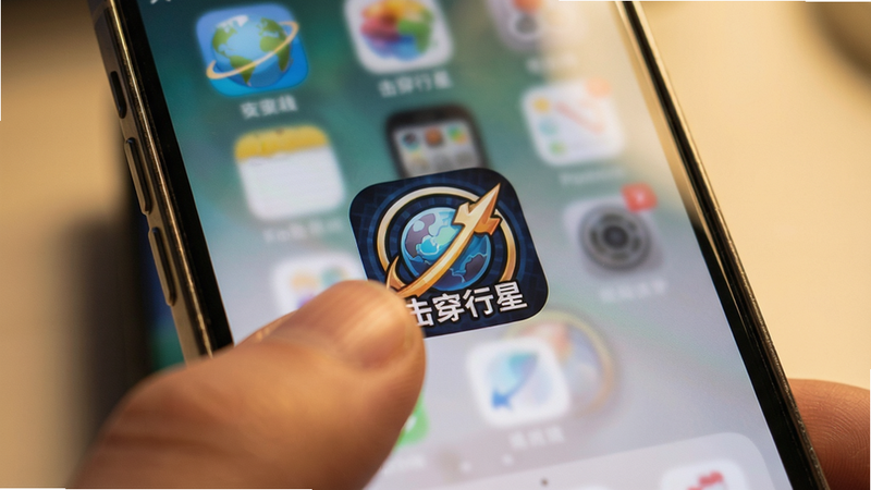 主体:一部手机屏幕显示游戏安装完成界面,桌面图标为“击穿行星”圆形Logo,背景模糊,手指正准备点击图标。布局:手机居中,桌面干净仅有一个图标。风格:写实实物照片风格,暖光。细节:手机边框明显,图标有光影,屏幕反射环境光。画质:高清细腻,无多余元素。