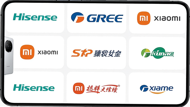 生成一张展示设备品牌列表的界面截图,手机屏幕列出多个知名品牌Logo,如海信、格力、小米等,布局为网格列表,风格简洁明快,画质干净,无多余元素