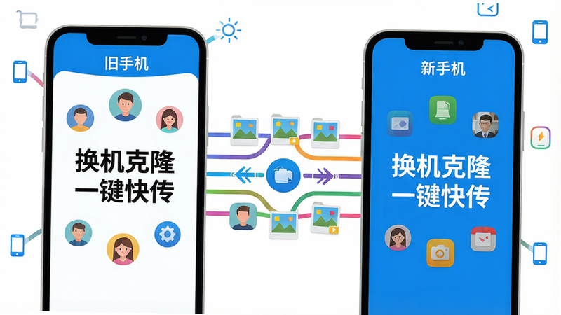 主体:两部智能手机面对面放置,屏幕显示“换机克隆一键快传”字样,中间有数据流符号连接;布局:左右对称,左手机标注“旧手机”,右手机标注“新手机”;排版:文字居中,图标环绕;风格:扁平化UI设计,明亮蓝白配色;细节:数据流为彩色线条,包含联系人头像、照片缩略图、应用图标等元素;画质:高清矢量图,背景干净无多余元素。