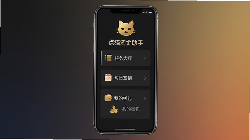 一幅展示黑猫淘金助手主界面全貌的截图:深色背景上带有金色猫头图标,主菜单包含“任务大厅”、“每日签到”、“我的钱包”三大模块,界面干净清爽,文字清晰,手机屏幕居中,背景为纯色渐变,画质细腻,无多余元素。