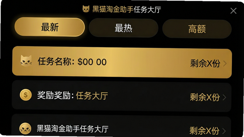 一张任务列表预览图:左侧显示任务名称和奖励金币,右侧标注“剩余X份”,列表顶部有“最新”、“最热”、“高额”三个筛选项,手机UI风格为扁平化,金色与黑色搭配,画质干净,文字清晰可见“黑猫淘金助手任务大厅”。