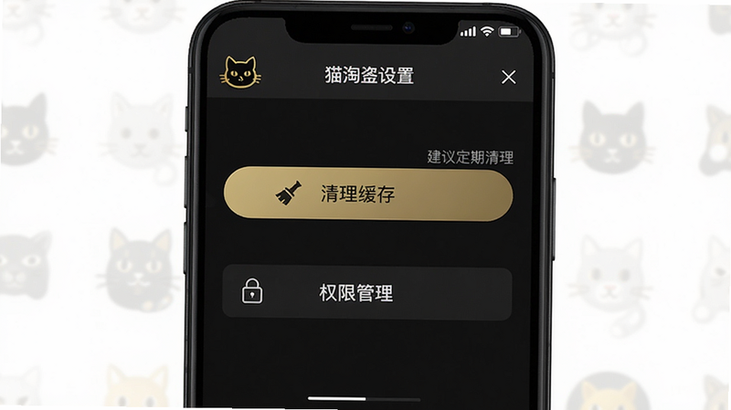 一张手机截图展示黑猫淘金助手的“设置”页面,突出显示“清理缓存”按钮和“权限管理”入口,旁边有小字提示“建议定期清理”,整体采用深色主题,金色猫头logo位于左上角,画质干净,无多余元素。